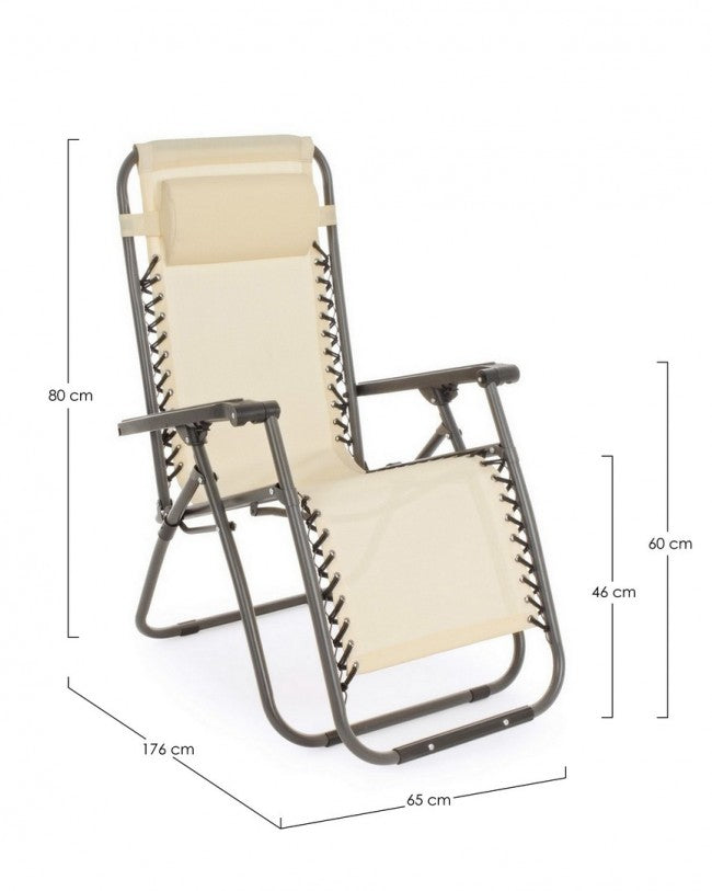 Silla de Playa Beige Plegable y Reclinable en Metal - 65x176x80 cm