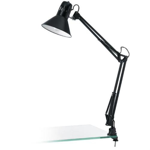 Desk table lamp with adjustable jointed arm, clamp and E27 fitting, black colour.