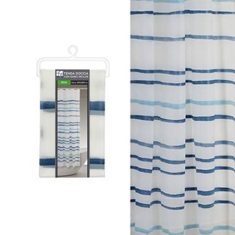 Shower curtain with elegant blue watercolor stripes, dimensions 240x200 cm.