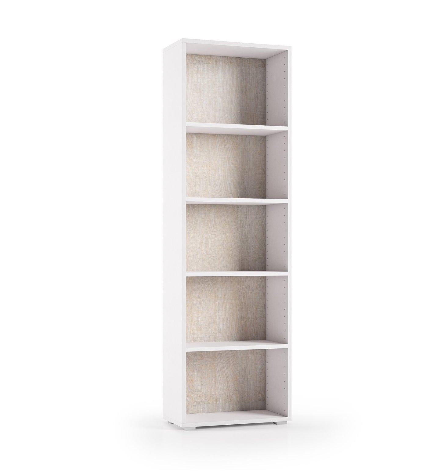 Compact bookcase with five adjustable shelves, white, oak bottom