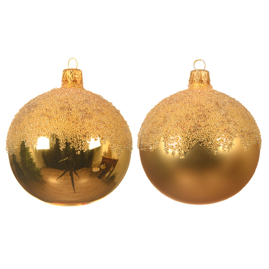 Gold colored Christmas ball decorated on the upper part with glitter Ø8 cm