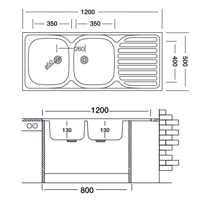 Two bowls kitchen sink with right drainer steel countertop 50x120 cm