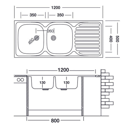 Two bowls kitchen sink with right drainer steel countertop 50x120 cm