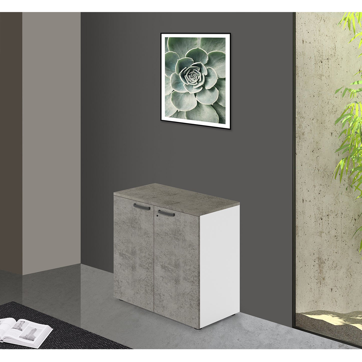 Low Office Cabinet with Lock, Cement Color, 87x90x45cm