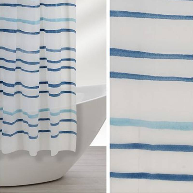 Shower curtain with elegant blue watercolor stripes, dimensions 240x200 cm.