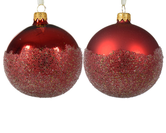 Weihnachtskugel Glas matt-glänzend mit 2 Farben und rotem Weihnachtsmotiv ø 8cm