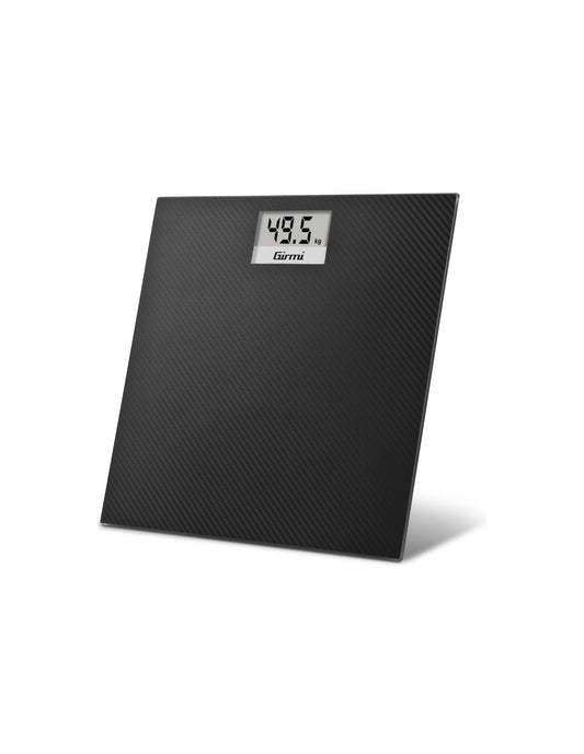 BP27 glass bathroom scale with 150 kg capacity and 100 g accuracy, carbon effect.