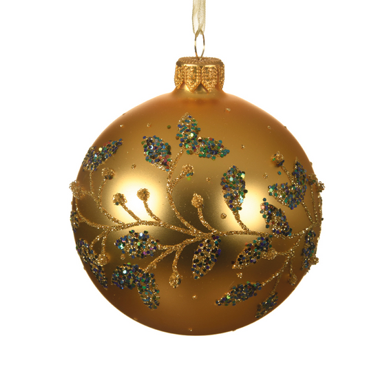 Glänzende goldene Weihnachtskugel mit Zweigen und Blättern Ø8 cm