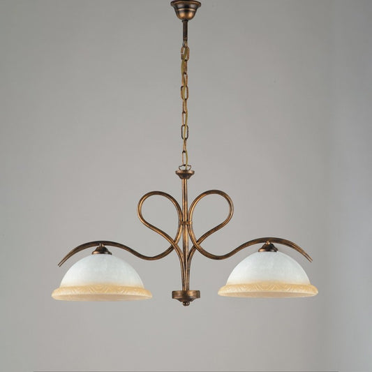 Brown gold iron chandelier two lights in white and amber glass 79x h43 cm