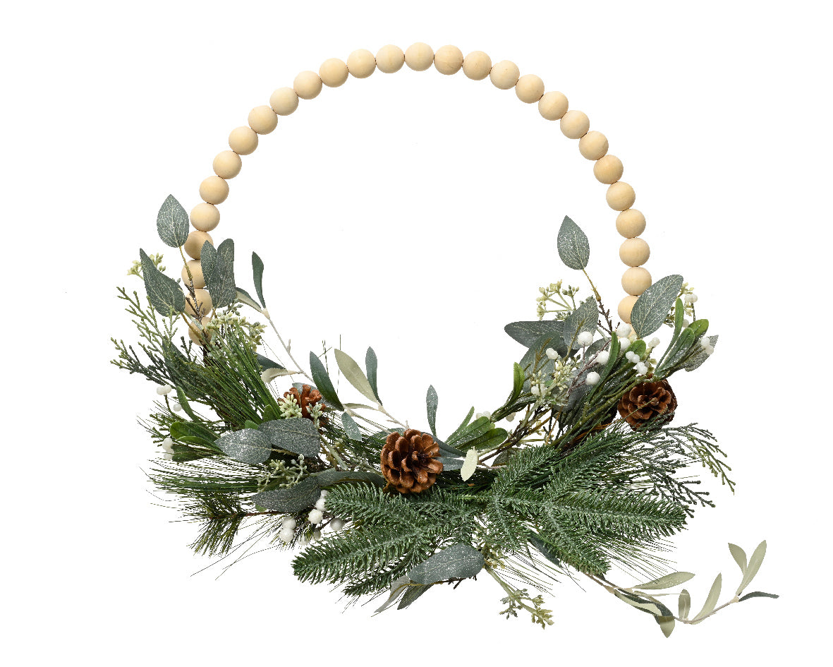 Modern Garland with Glittered Wooden Balls, Pinecones, and Eucalyptus for Indoor Use - 10cm H x 40cm Ø