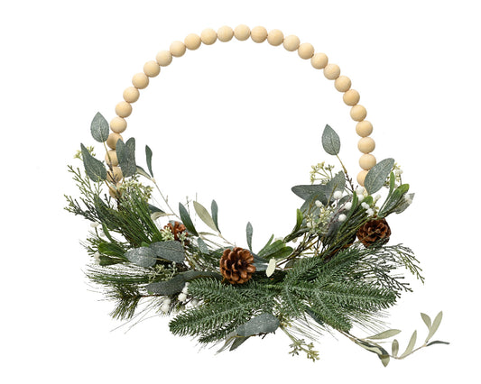 Modern Garland with Glittered Wooden Balls, Pinecones, and Eucalyptus for Indoor Use - 10cm H x 40cm Ø