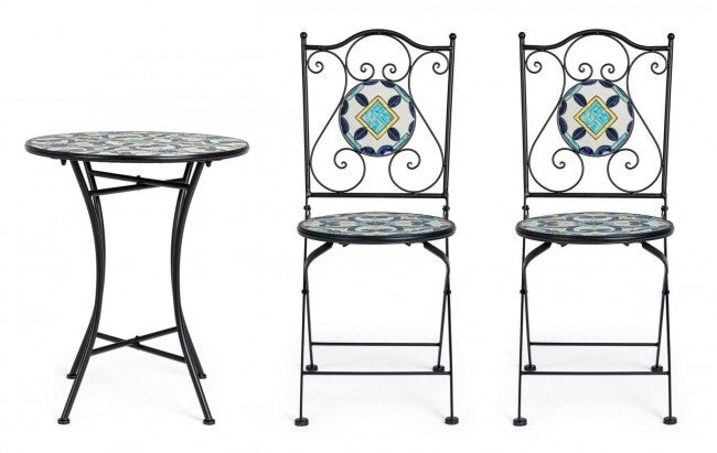 Set promocional mesa con sillas de hierro Positano 38x38x92h - ø60a x 75h