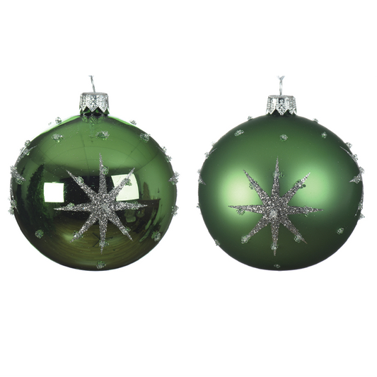 Assorted mistletoe green Christmas ball with embossed star Ø 8 cm