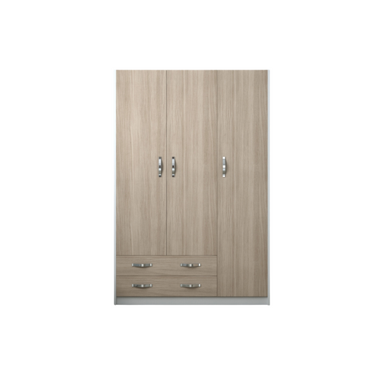 Three-Door Wardrobe with Drawers in Olmo Color and White Structure, 210x136x52cm