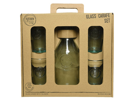 Set aus 5 Wasserkaraffe mit Korkdeckel und 4 klaren Gläsern aus recyceltem Glas