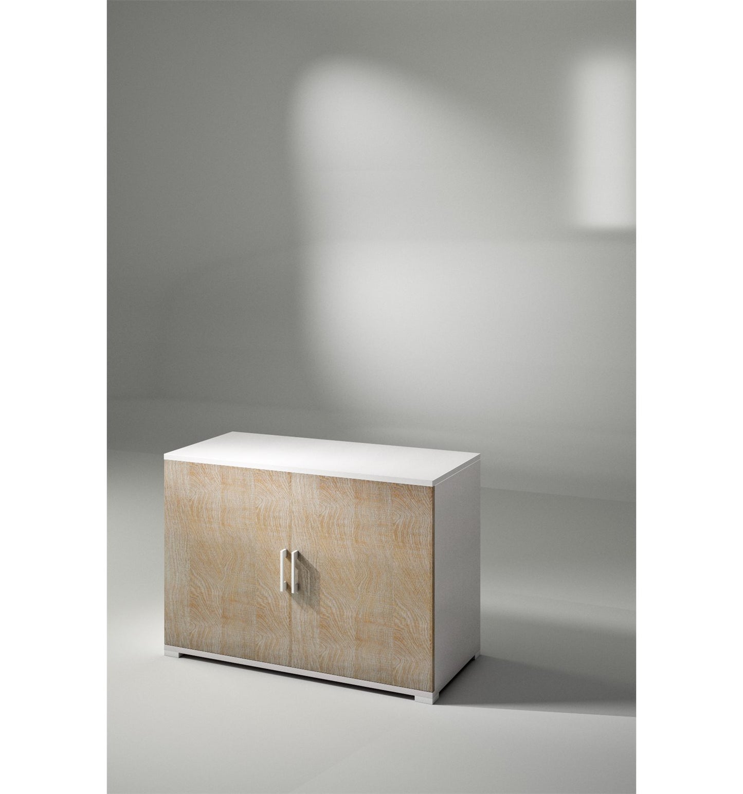 Mueble con doble puerta y estante blanco con puertas de roble.