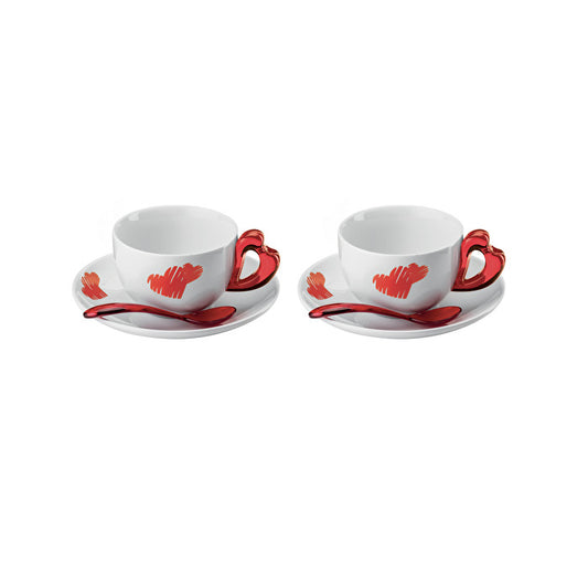 Set of 2 Coffee Cups with Saucers and Spoons Love Rosso Guzzini