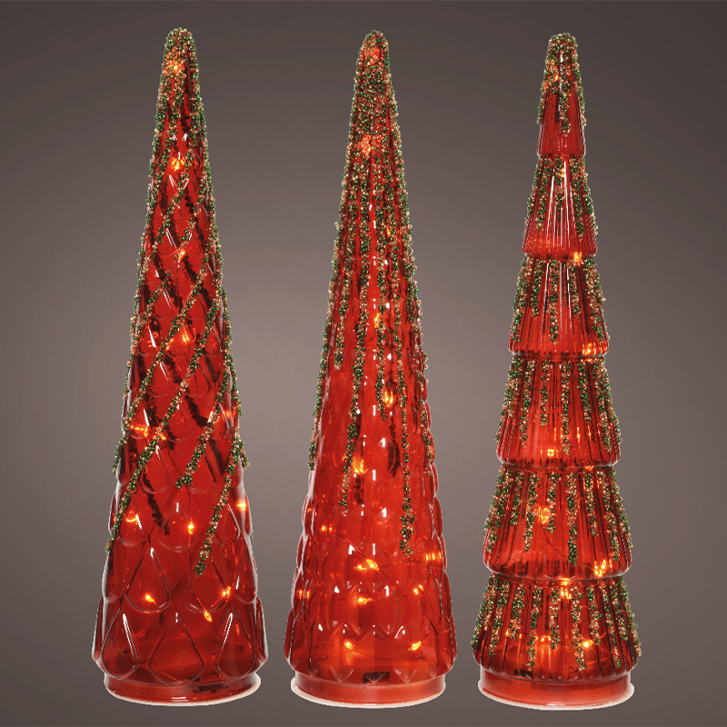 Mini glass trees H35 cm red with 15 Assorted LEDs