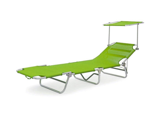 Green folding sunbed with parasol