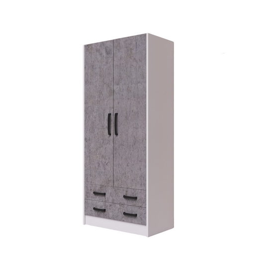 Two-Door Wardrobe with Drawers, Cement Color, White Structure, 210x90x52cm