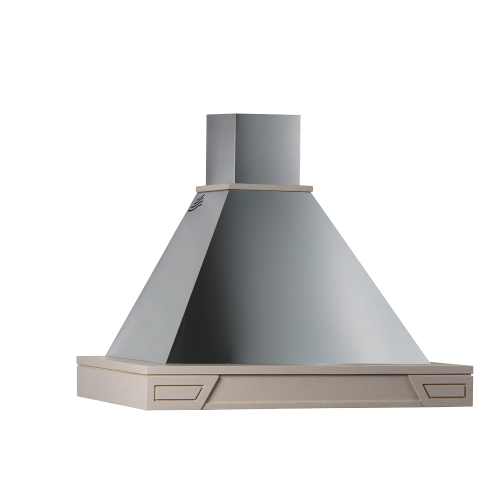 GINEVRA extractor hood in silver stainless steel and dove-grey inlaid wooden frame 120 cm