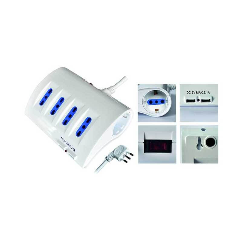 Multi-socket with switch, 8 Schuko, bypass and USB sockets, 16A plug