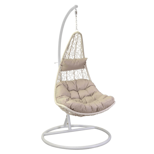 Triton hanging rocking chair with white support and cream cushions cm80x69h200