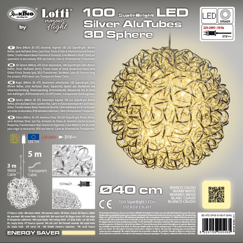 ATS Luces Navideñas Esfera Plata 100 LED Ø40cm