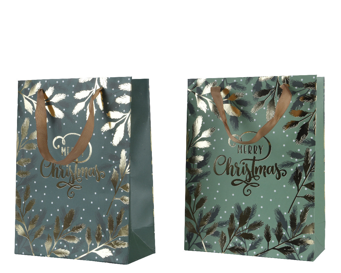 Rectangular Gift Bag with Shiny Leaf Text and 2 Assorted Color Handles - 12 x 30 x 42 cm