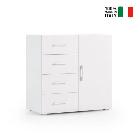 Mueble de 4 cajones y puerta con guías metálicas, tapa contenedor, tapa de hormigón blanco.