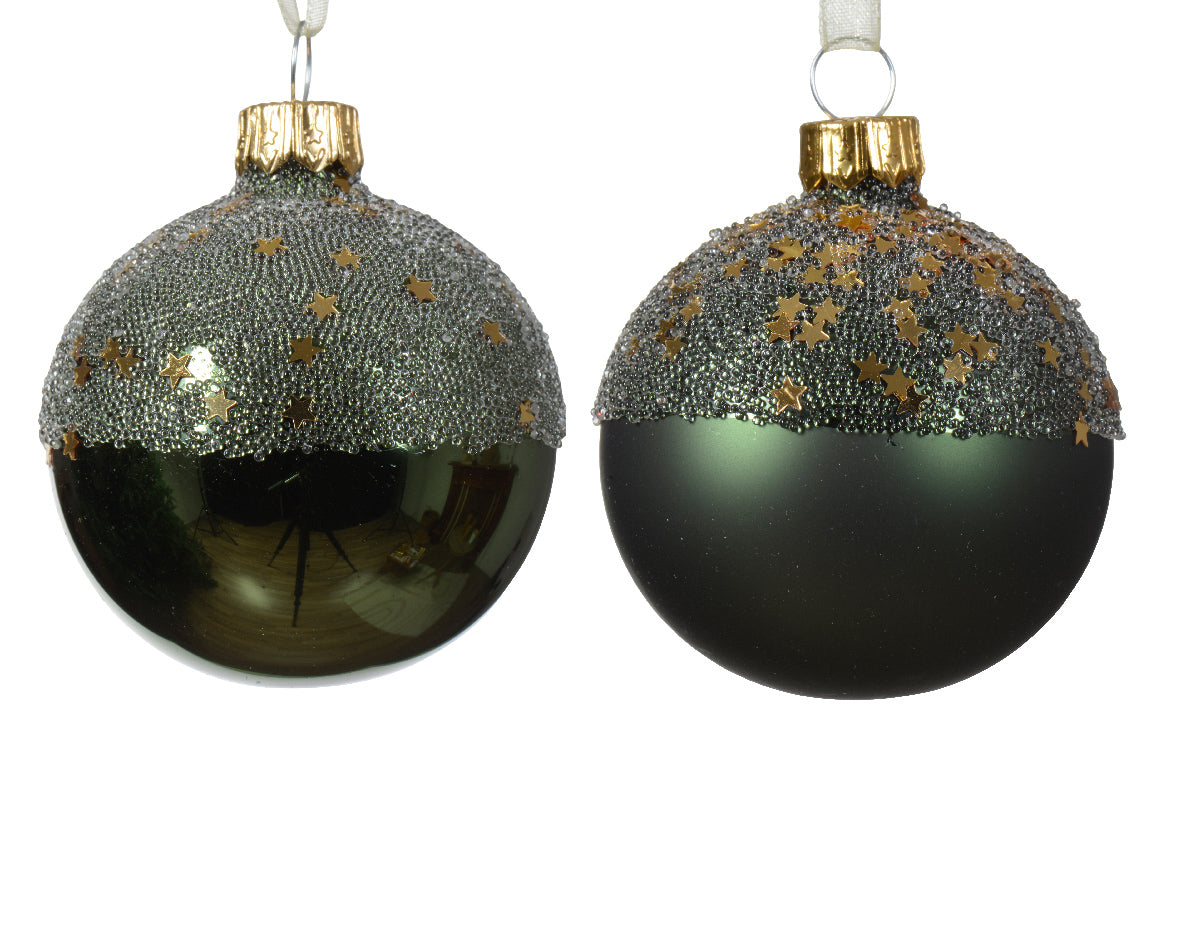 6cm Matte Glass Globe Christmas Ornament Star-shaped Ballotine in 2-color Green Pine