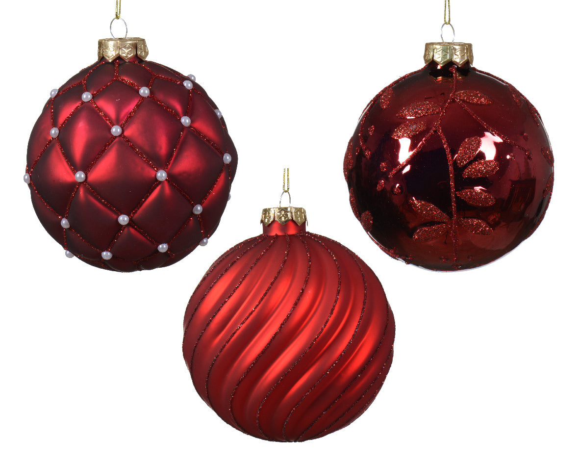 Set of 3 Christmas Glass Globe Baubles with Checkered Lines and Leaf Pattern, Red Christmas Color, ø 10cm