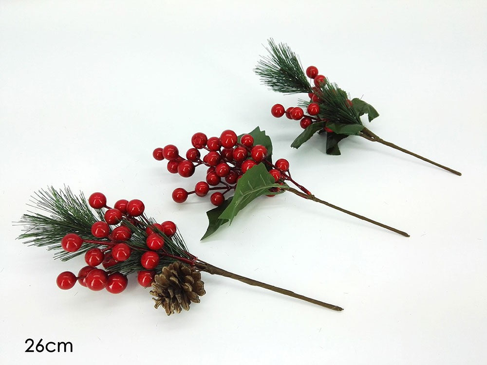 Sprig red berries and pine cones Christmas decoration 26 cm Assorted pcs 1