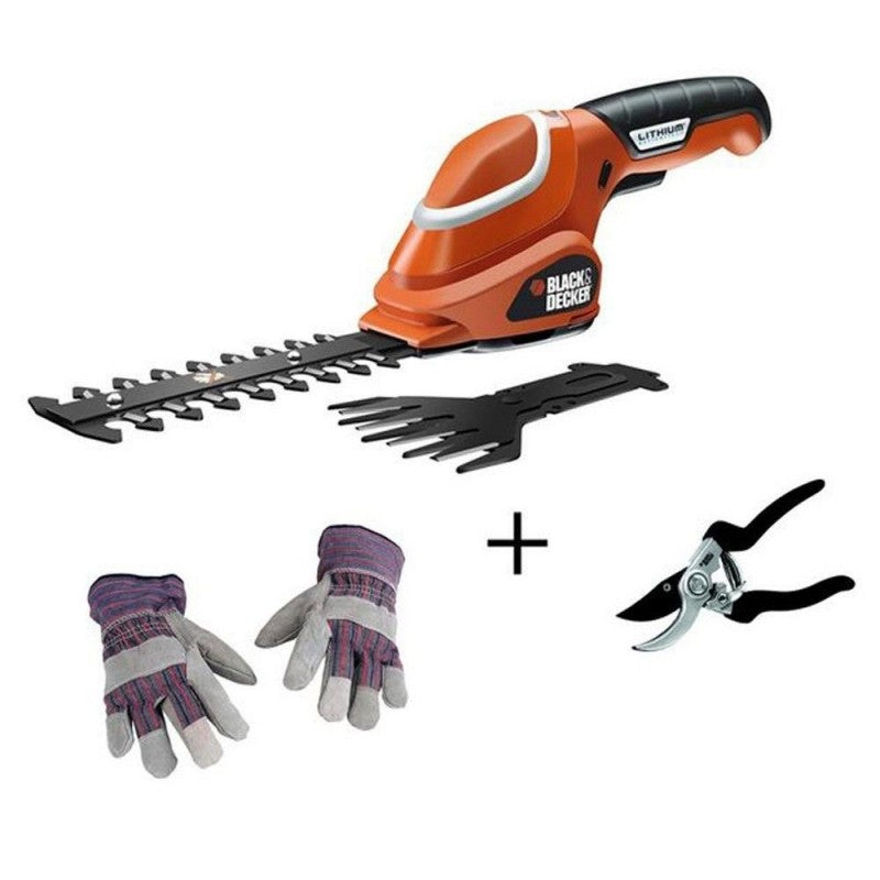 Black and Decker cordless hedge trimmer kit gardening gloves and shears