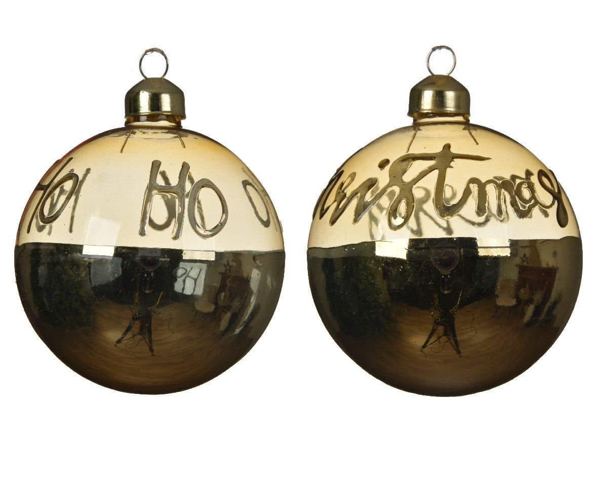 Bola de navidad en cristal dorado con escritura variada 8 cm ud 1