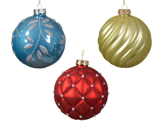 Weihnachtskugel aus Glas für glänzend-matte Weihnachtsdekoration mit gemischten Blattlinienmotiven in Zuckerblau, ø 10cm