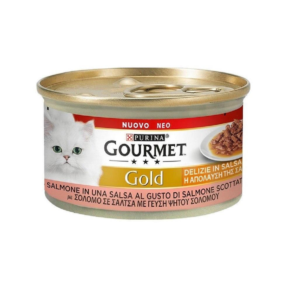 Delicias Gourmet Gold en salsa con salmón Purina 85 gramos