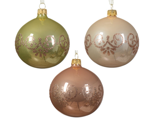 Small Assorted Color Transparent Enamel Glass Christmas Ball with Three-Color Lace Border ø 8cm