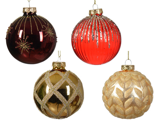 8cm Decorative Glass Christmas Bauble with Glossy-Matte-Transparent Firework Patterns, Ribbed Leaves and Checkered Design in Red/Gold