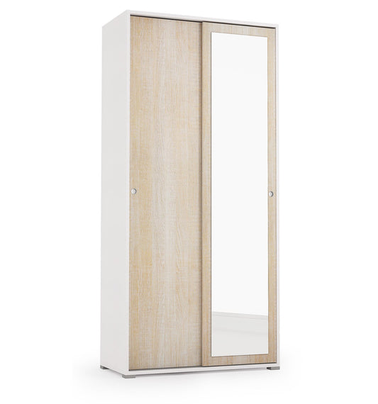 Mueble con puertas correderas, espejo, dos estantes y tubo para ropa blanco con puertas de roble