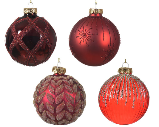 Weihnachtskugel Glas glänzend-matt-transparent Feuer-Rückseite-Blatt-Kontrolle 4er Set Weihnachtsrot/Farbe ø 8cm