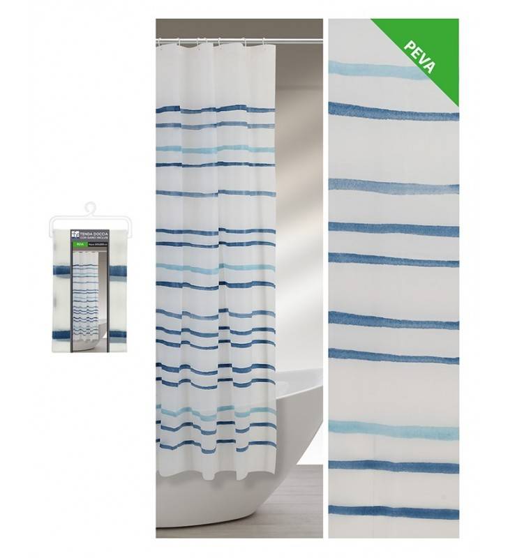 Shower curtain with elegant blue watercolor stripes, dimensions 240x200 cm.