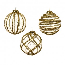 Christmas ball in gold glass with glitter 3D LINES 8 cm 1 pcs