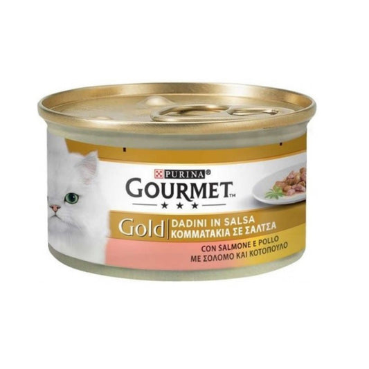 Trocitos Gourmet Gold en Salsa Purina de Pollo y Salmón 85 gramos