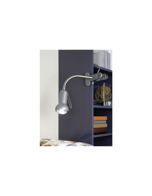 Lámpara de sobremesa con brazo articulado y clip, color plata, marca Fabio Eglo.