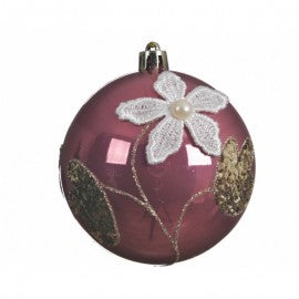 Christmas glass ball with pink velvet lace 8 cm