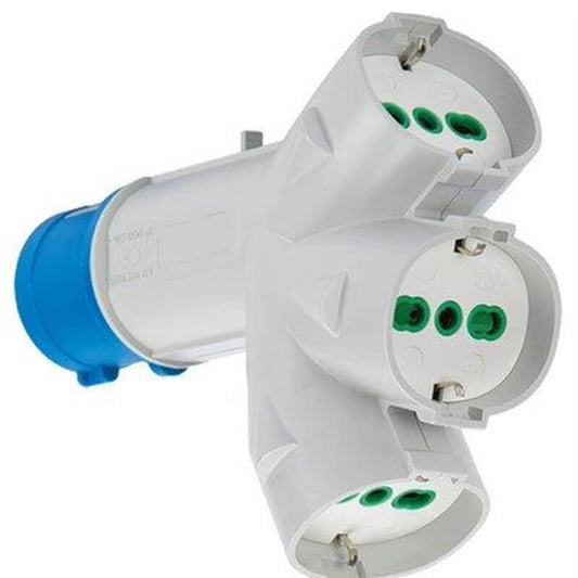 Triple plug adapter Blu16A bip+schuko x3 FME 2P+E 16A IP44