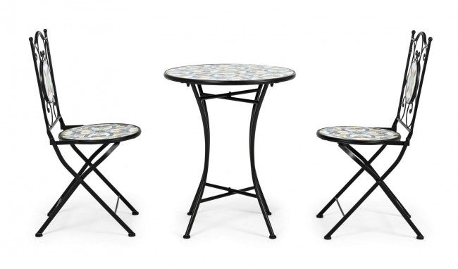 Set promocional mesa con sillas de hierro Positano 38x38x92h - ø60a x 75h