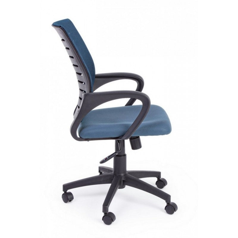 Blue office chair with wheels and armrests