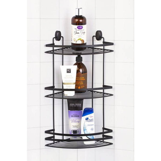 Corner shelf with 3 shelves in black steel from the Cover Black line for bathroom and shower.